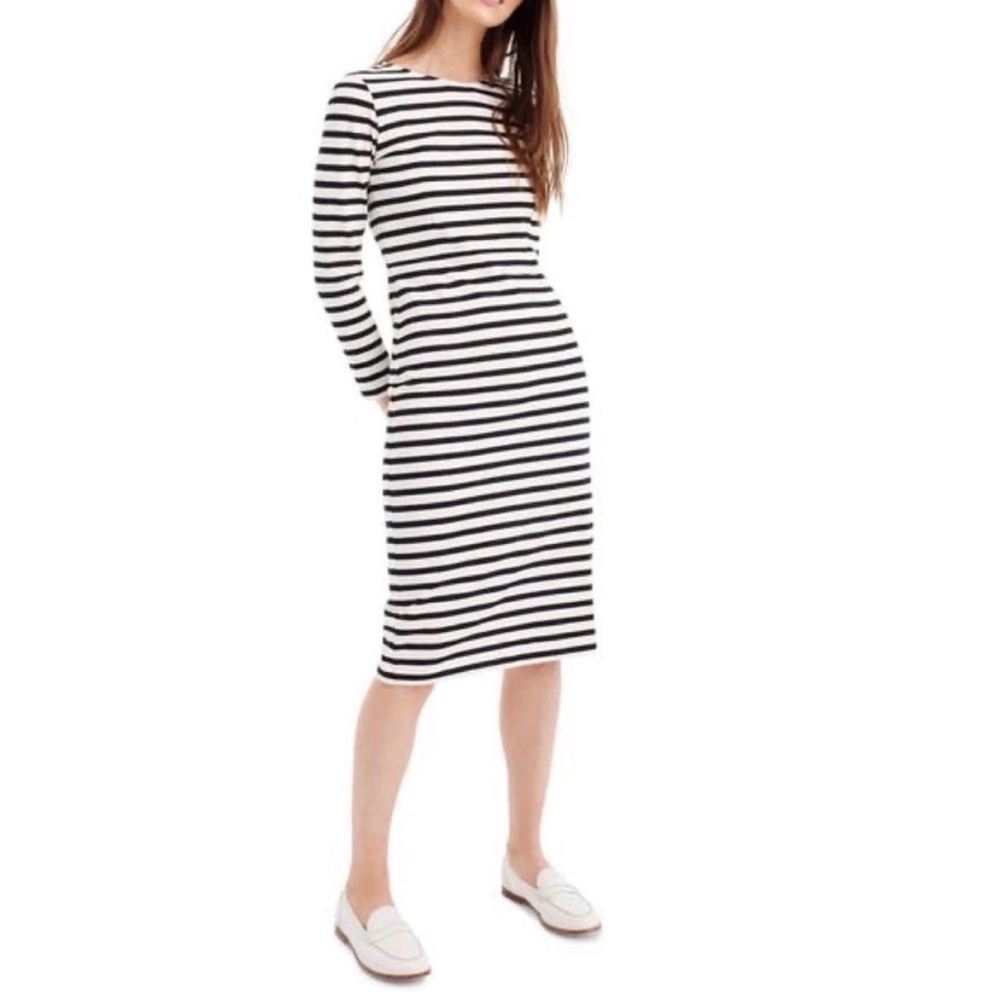 J.Crew‎ Black White Striped Long Sleeve Midi Dress Back Zip Size 4 Classic